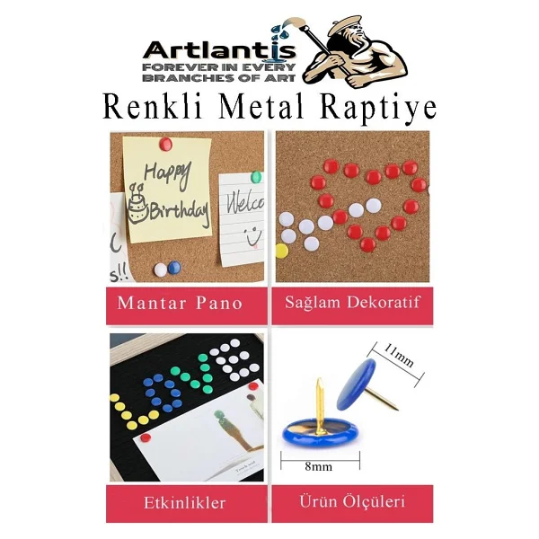 Artlantis Yeşil Raptiye 50 Adet 1 Paket Renkli Pvc Kaplı Başlıklı Raptiye Plastik Yuvarlak Düğmeli Raptiye Pano Okul Ofis Büro Ev - Standart - Görsel 3