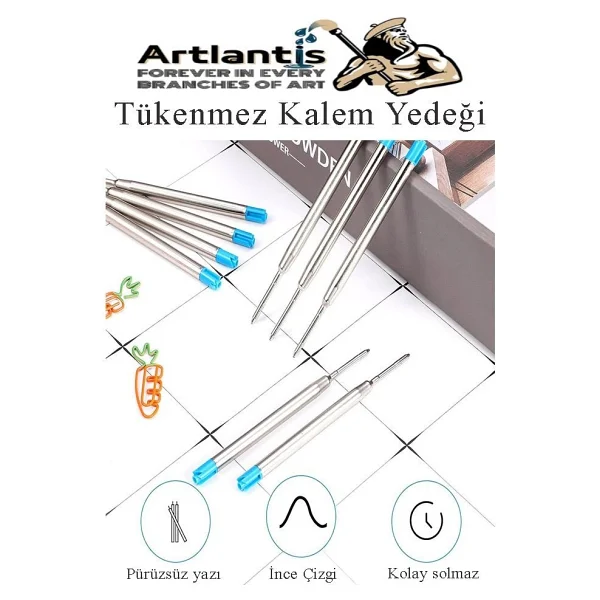 Artlantis Mavi Tükenmez Kalem Yedeği 10 Adet Tükenmez Kalem İçi Yedek Mavi Metal Tükenmez Kalem İçi Okul Ofis Jel Kalem İçi - Görsel 4