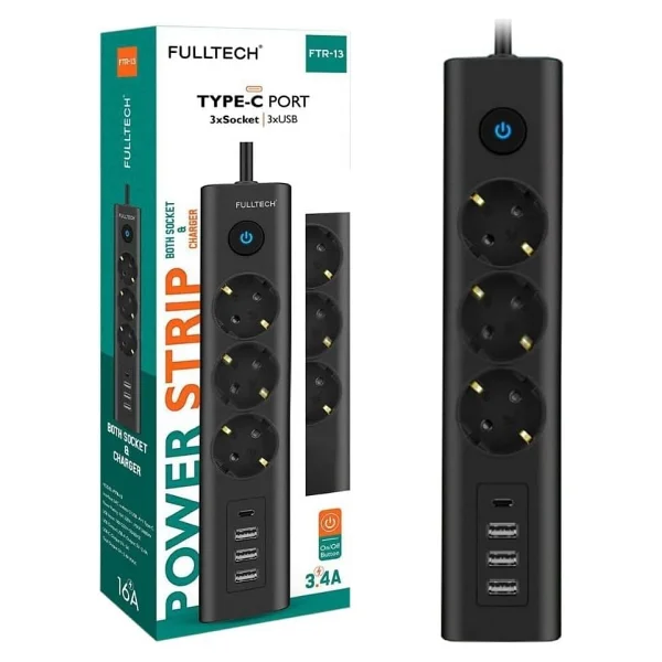 Fulltech Nesil Priz Type-C Port Girişli Akım Korumalı 3lü Priz, 3 USB, 1 Type-C Giriş, Isıya Dayanıklı 1,5m Uzatma - Görsel 2