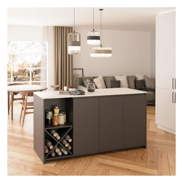 Bimossa Gustav L4730 Mutfak Adası 160 Cm - Carrara Mermer Antrasit, Şaraplık, Bar Masası, Çok Amaçlı Depolamalı Dolap - Mermer - Gri - 160x92x68 - Görsel 7