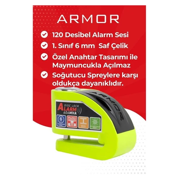 Armor Alarmlı Motorsiklet Disk Kilidi Çelik Gövde 606 Mva 6mm-Yeşil - Görsel 4