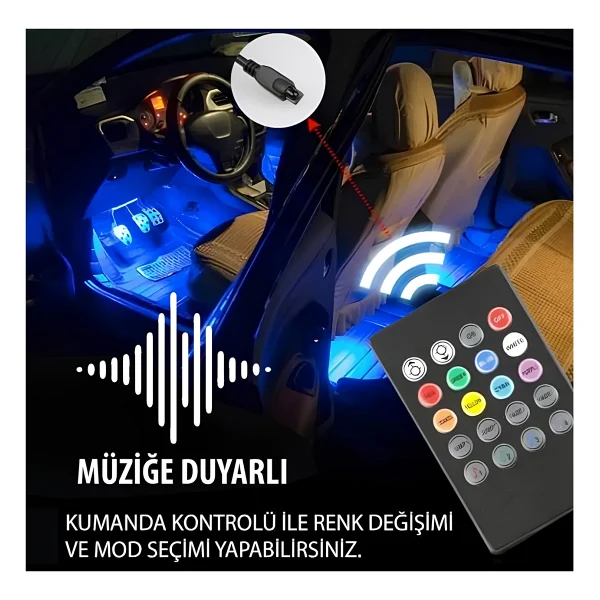 12v Ayak Altı LED 4lü Kumandalı 12 LED Araba - Görsel 2