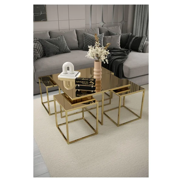 Home Plus Mobilya 4+1 Gold Kaplama Bronz Ayna Orta Sehpa - Görsel 9