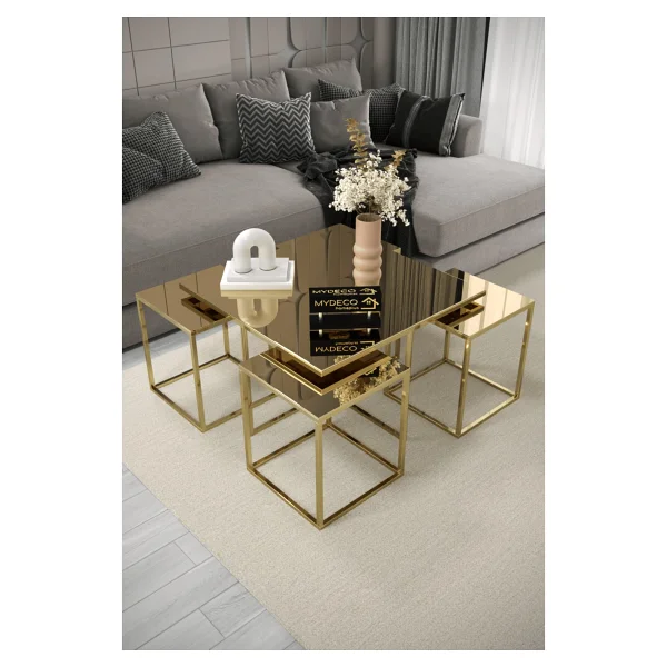Home Plus Mobilya 4+1 Gold Kaplama Bronz Ayna Orta Sehpa - Görsel 2