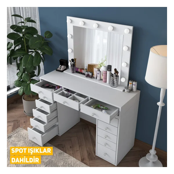 Rani Bj119 Hollywood Işıklı Aynalı Kulis Makyaj Masası 13 Çekmeceli Takı Düzenleyici Beyaz - Görsel 6