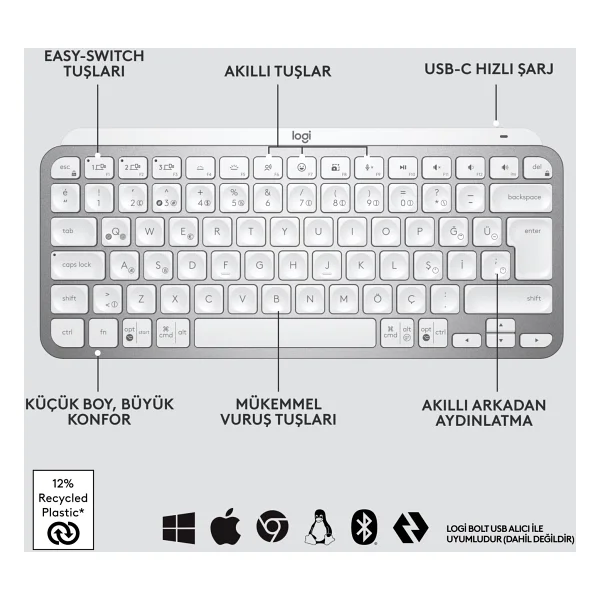 Logitech Mx Keys Mini Mac İngilizce Kablosuz Klavye - Görsel 6