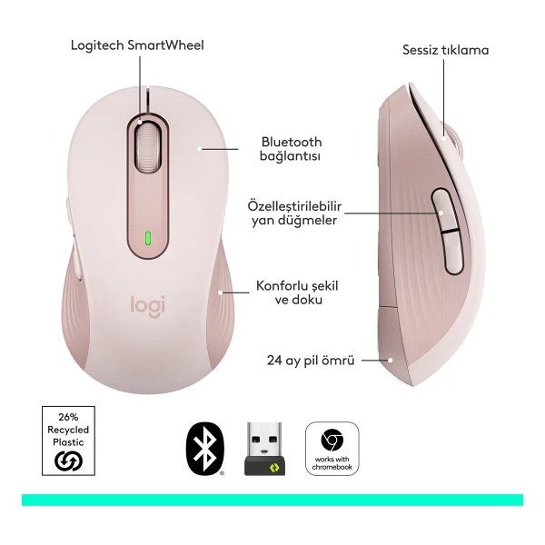 Logitech M650 Signature 910-006254 Pembe Sessiz Küçük Boy Sağ El Kablosuz Mouse - Görsel 7