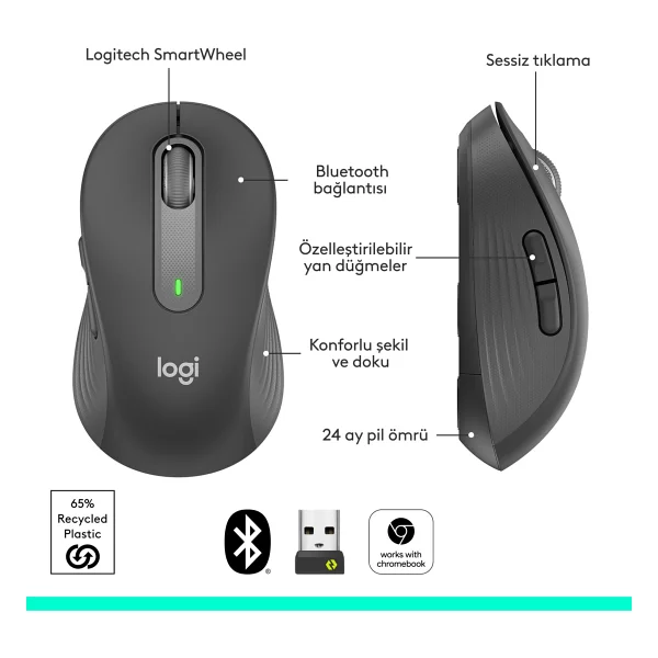 Logitech M650 Signature 910-006236 Siyah Sessiz Büyük Boy Sağ El Optik Kablosuz Mouse - Görsel 7