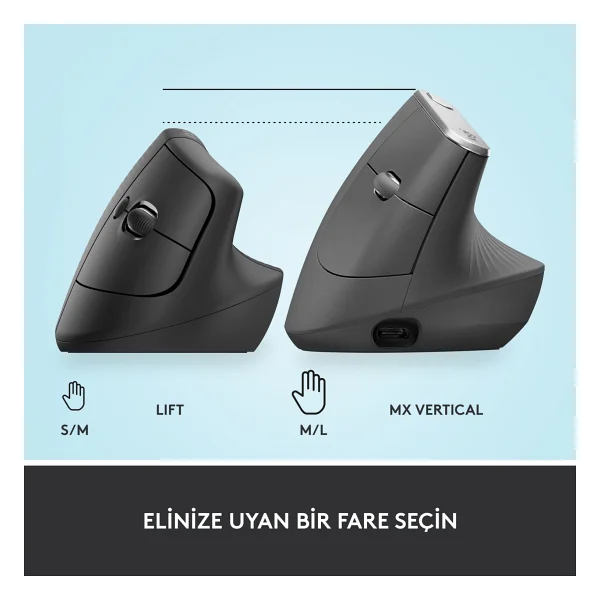 Logitech Lift 910-006473 Siyah Dikey Sessiz Ergonomik Optik Kablosuz Mouse - Görsel 9