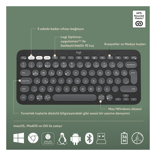 Logitech Pebble 2 Combo 920-012245 Siyah Tkl Kablosuz Klavye Mouse Seti - Görsel 5