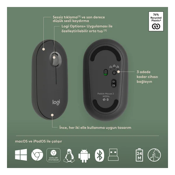 Logitech Pebble 2 Combo 920-012245 Siyah Tkl Kablosuz Klavye Mouse Seti - Görsel 6