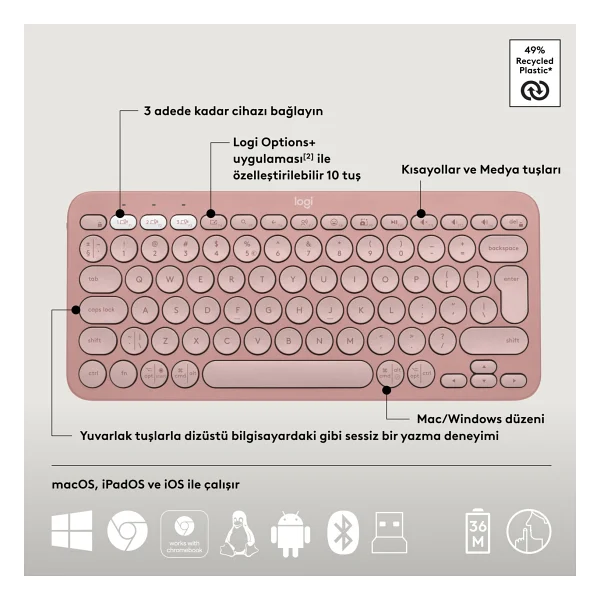 Logitech Pebble 2 Combo 920-012247 Pembe Tkl Kablosuz Klavye Mouse Seti - Görsel 7