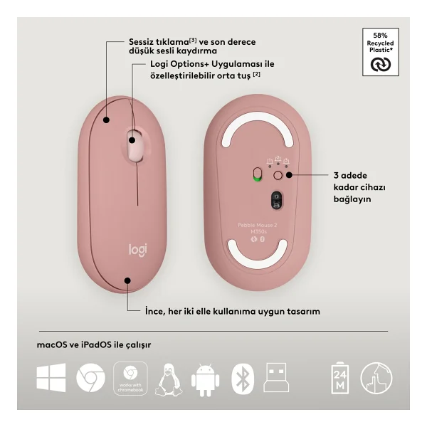 Logitech Pebble 2 Combo 920-012247 Pembe Tkl Kablosuz Klavye Mouse Seti - Görsel 8