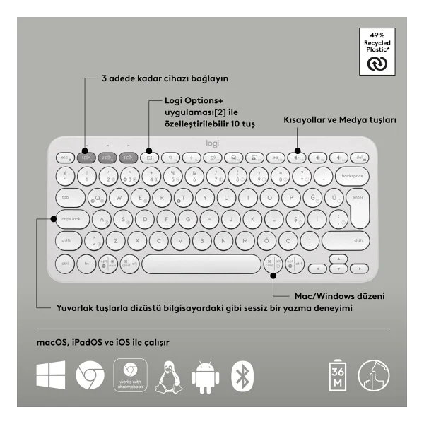 Logitech Pebble Keys 2 K380s 920-011860 Beyaz Tkl Q Kablosuz Klavye - Görsel 6