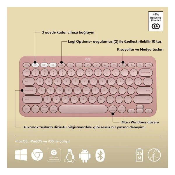 Logitech Pebble Keys 2 K380s 920-011861 Pembe Tkl Q Kablosuz Klavye - Görsel 6