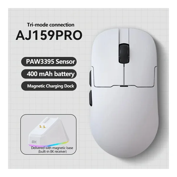 Ajazz Aj159 Pro Beyaz Şarjlı Optik Kablolu/Kablosuz Oyuncu Mouse - Görsel 2