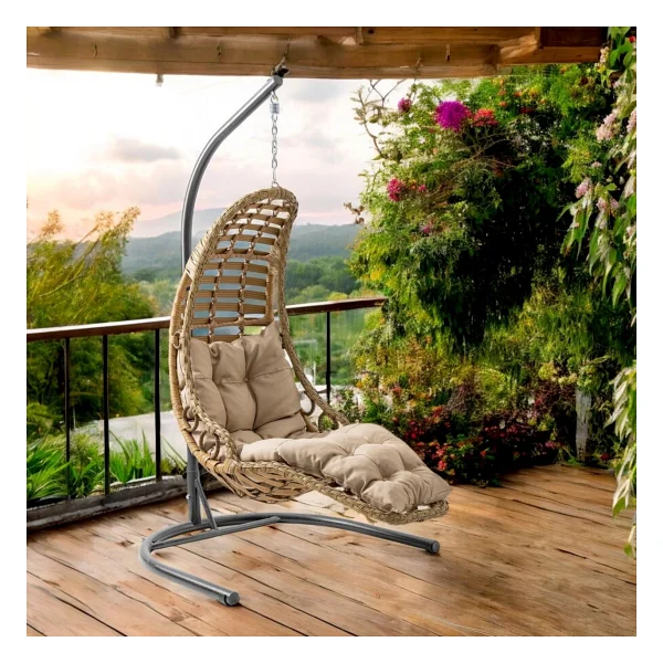 Capri Swing Bodrum Tekli Rattan Bahçe Salıncağı Balkon Salıncağı - Açık Kahverengi - Görsel 3