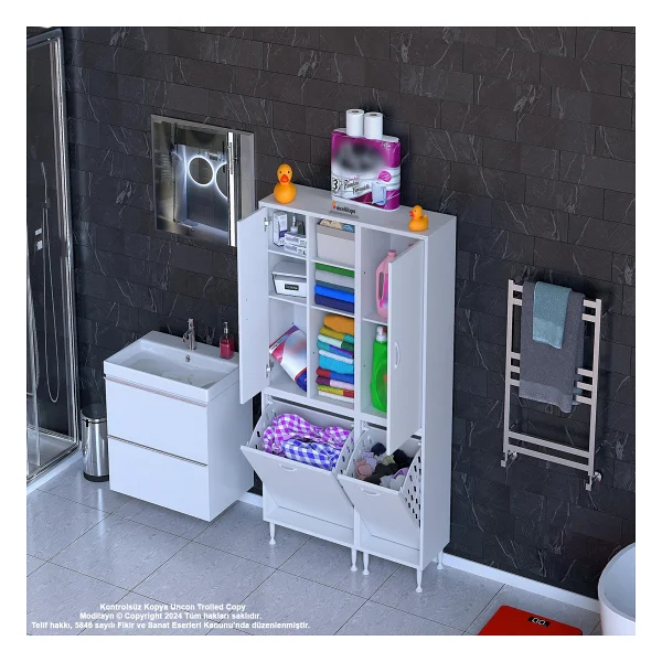 Modilayn Alaçatı Inci 90 x 160 x 32 Banyo Dolabı Çok Amaçlı Dolap Kirli Çamaşır Sepetli Dolap - Görsel 3