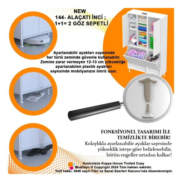 Modilayn Alaçatı Inci 90 x 160 x 32 Banyo Dolabı Çok Amaçlı Dolap Kirli Çamaşır Sepetli Dolap - Görsel 4