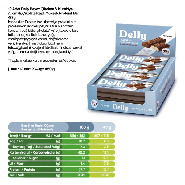 Delly Beyaz Çikolata Ve Kurabiyeli 40 Gr 12'li Protein Bar - Görsel 2