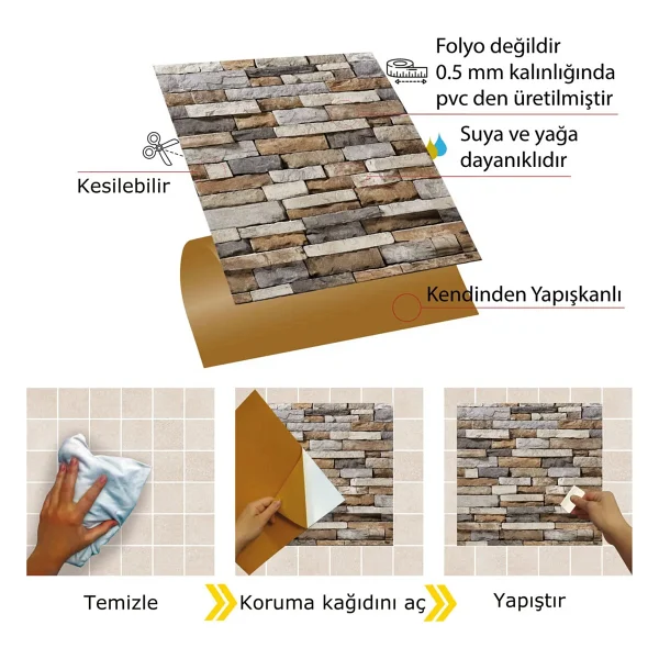 Tink Kendinden Yapışkanlı Geometrik Taş Desenli Pvc Karo 30x30 Cm (33 Adet) 3 M2 - Görsel 3