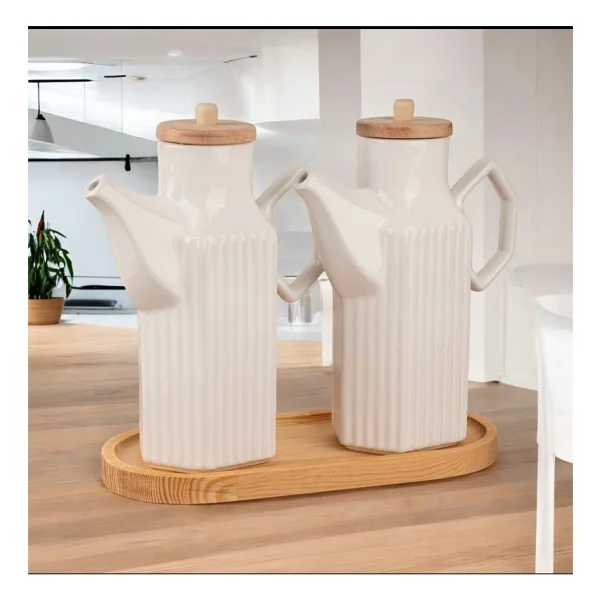 Bambu Standlı 2'li 1000 Ml Prizma Porselen Ayçiçek Yağı Zeytin Yağı Takımı 3 Parça Yağdanlık Set - Görsel 3