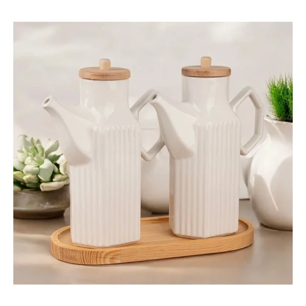 Bambu Standlı 2'li 1000 Ml Prizma Porselen Ayçiçek Yağı Zeytin Yağı Takımı 3 Parça Yağdanlık Set - Görsel 2