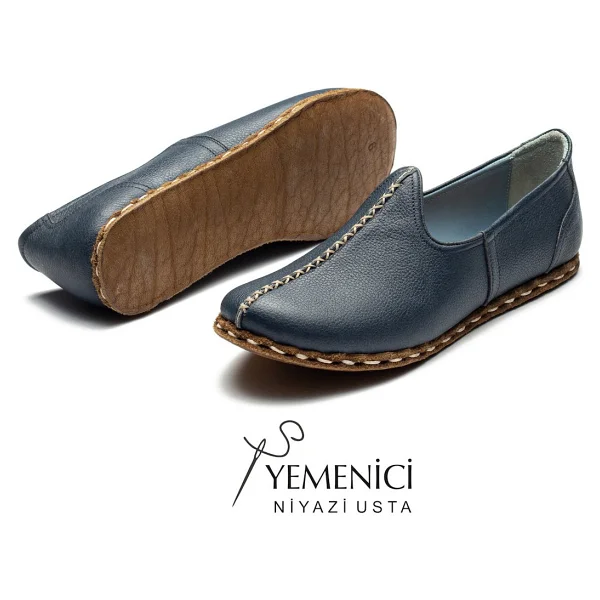 Kadın Hakiki Deri El Yapımı Lacivert Yemeni - Geleneksel & Rahat Günlük Ayakkabı - Ynk3006-40 - Görsel 4