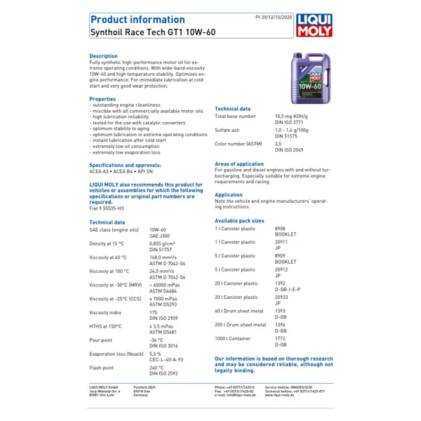 Liqui Moly Synthoil Race Tech GT1 10W-60 5 lt Motor Yağı - 2024 - Görsel 4