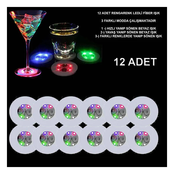 Renkli LED Işıklı Bardak Altlığı - Dekoratif 12 Adet Pilli - Görsel 3