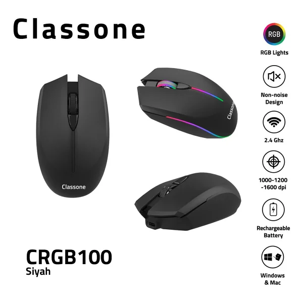 Classone CRGB100 RGB Şarjlı Optik Kablosuz Mouse - Görsel 9