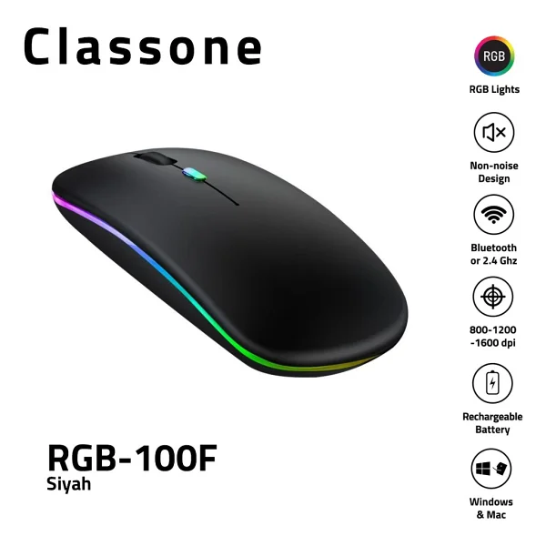 Classone RGB-100f Şarjlı Sessiz Optik Kablosuz Mouse - Görsel 3