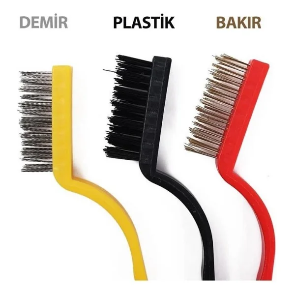 3 Parça Tel Fırça Bakır Plastik Demir Fırça Detaylı Temizlik Seti Çok Amaçlı Ocak Temizleme - Renkli - Görsel 3