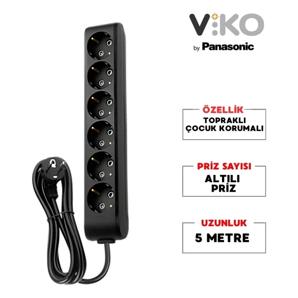 Viko Multi-Let 90133605 Topraklı Siyah 5 M 6'lı Priz - Görsel 2