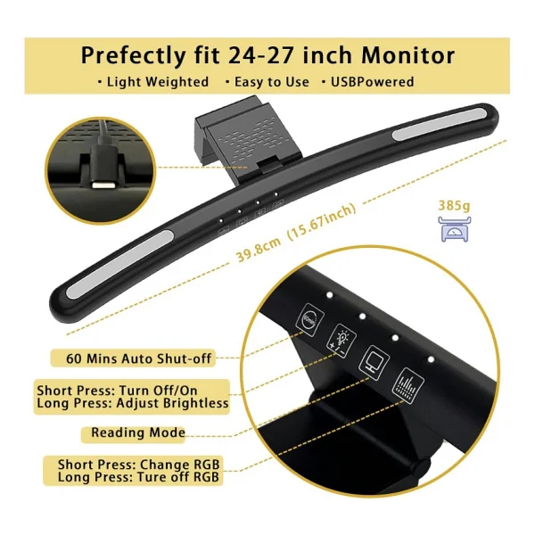 Yesnıce Curved Monitörü 24-27 Inch Işık Çubuğu LED Işıklar Göz Bakımı, Masaüstü 3 Kademeli,7 RGB Oyun Bilgisayar Kolay Kurulum - Siyah - Görsel 5
