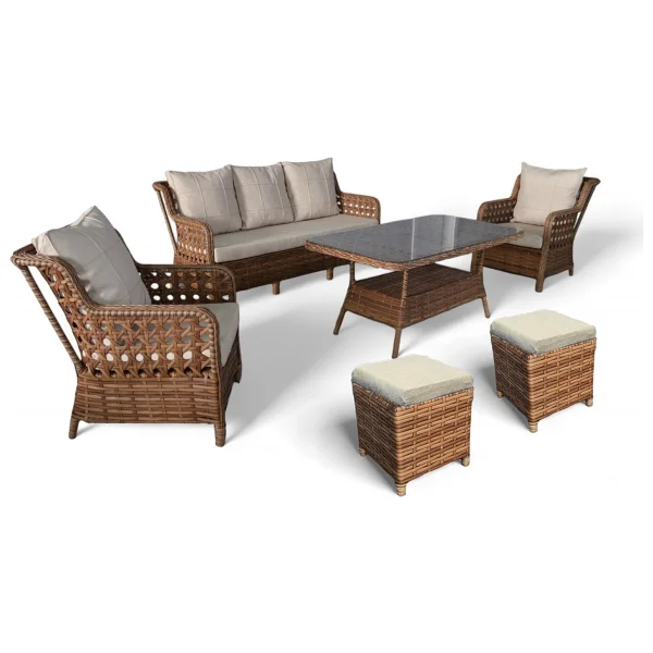 Monalin Home Garden I Elite 7 Kişilik Oturma Takımı (Kahverengi) I Rattan El Örgüsü Bahçe Mobilyası - Kahverengi - Krem