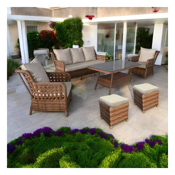 Monalin Home Garden I Elite 7 Kişilik Oturma Takımı (Kahverengi) I Rattan El Örgüsü Bahçe Mobilyası - Kahverengi - Krem - Görsel 2