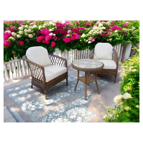 Monalin Mobilya Miami Kahverengi 2 Kişilik(1-1-Masa) Rattan Örgü Bahçe & Balkon & Teras Oturma Grubu Minderli & Camlı & Masalı Takım - Görsel 2