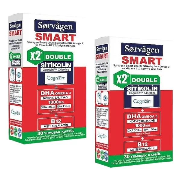 Sorvagen Smart Double Sitikolin 250 mg DHA Omega 3 ve B12 30 Kapsül 2'li - Görsel 2