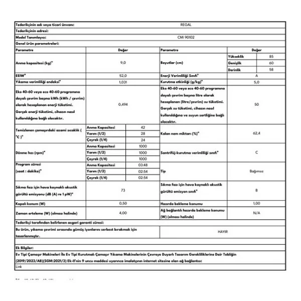 Regal Cmı 90102 9 Kg 1000 Devir Çamaşır Makinesi - Görsel 9