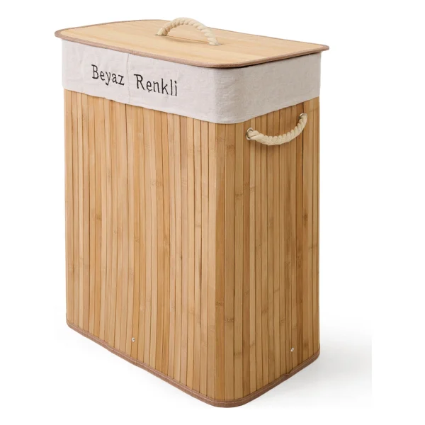 Simple Living 80 Lt Örme Çift Hazneli Bambu Çamaşır Sepeti - Görsel 2
