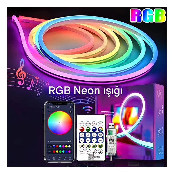Rohs 5v RGB Neon Şerit LED Lamba 5 Metre Kumanda İle Kontrol Sınırsız Renk Tak Çalıştır - Çok Renkli - Görsel 7