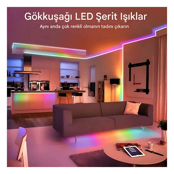 Rohs 5v RGB Neon Şerit LED Lamba 5 Metre Kumanda İle Kontrol Sınırsız Renk Tak Çalıştır - Çok Renkli - Görsel 3