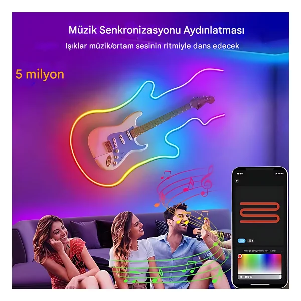 Rohs 5v RGB Neon Şerit LED Lamba 5 Metre Kumanda İle Kontrol Sınırsız Renk Tak Çalıştır - Çok Renkli - Görsel 4