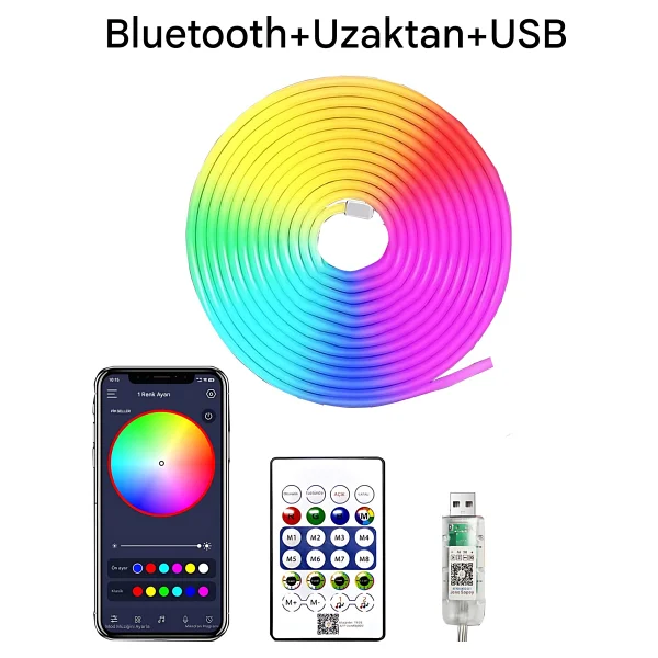 Rohs 5v RGB Neon Şerit LED Lamba 5 Metre Kumanda İle Kontrol Sınırsız Renk Tak Çalıştır - Çok Renkli - Görsel 5