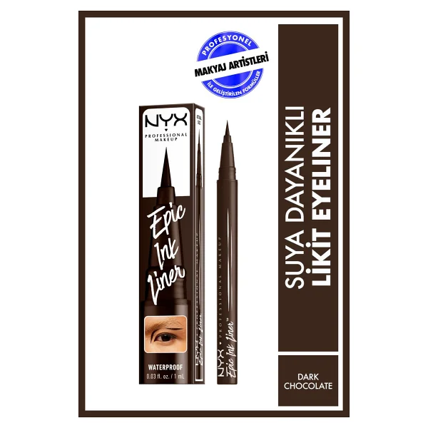 NYX Professional Makeup Epic Ink Liner - Suya Dayanıklı, Saten Finişli, Koyu Kahverengi Likit Eyeliner, İnce Uç ile Kolay Uygulama