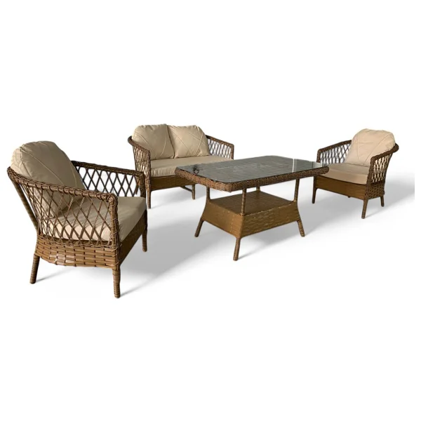 Monalin Mobilya Miami 4 Kişilik(2-1-1-Masa) Rattan Örgü Bahçe & Balkon & Teras Oturma Grubu Minderli & Camlı & Masalı Takım - Kahverengi