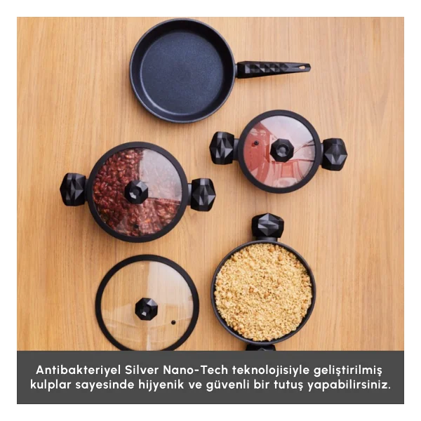 Karaca BioDiamond Antibakteriyel Kulplu Siyah İndüksiyon Tabanlı 7 Parça Tencere Seti - Görsel 4
