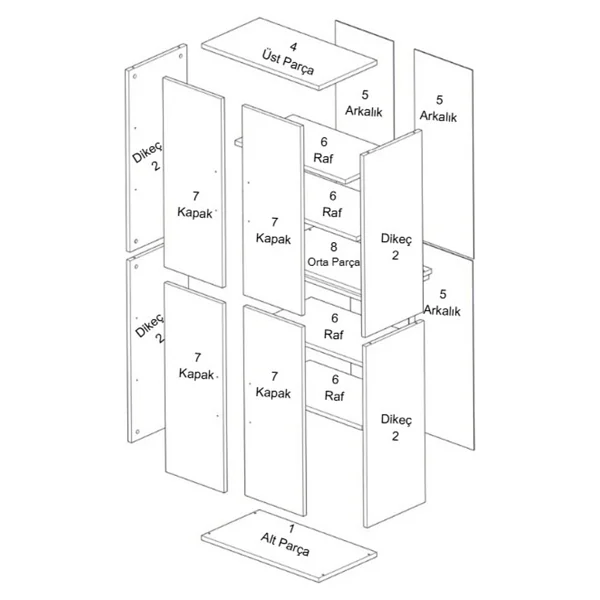 Montenero Kiler Dolabı 4 Kapaklı 6 Raflı Sığ Derinlik Mutfak Banyo Parlak Beyaz 70x170 Cm - Görsel 4