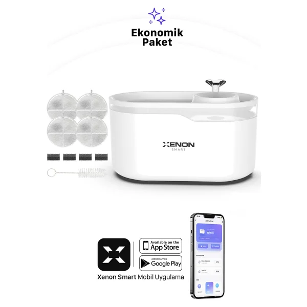 Xenon Smart Akıllı Otomatik Ultra Sessiz Kedi Su Pınarı Uygulama Kontrollü LED Işıklı Su Şelalesi Ve Yedek Filtre 2'li Pet Seti - Beyaz - Görsel 2